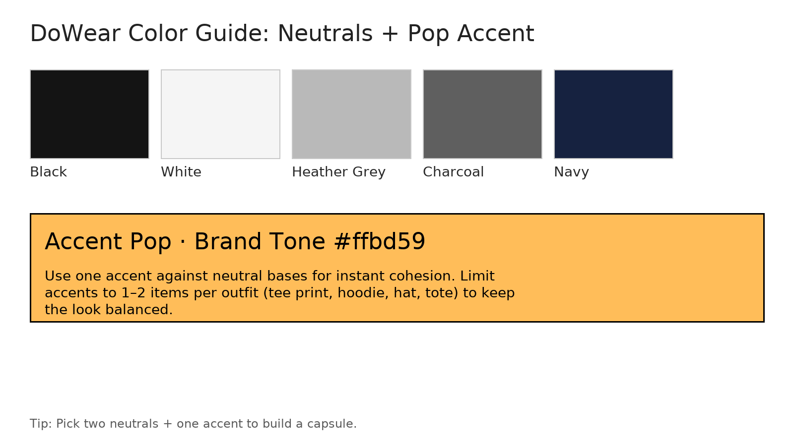 DoWear neutrals (black, white, greys, navy) with brand accent #ffbd59
